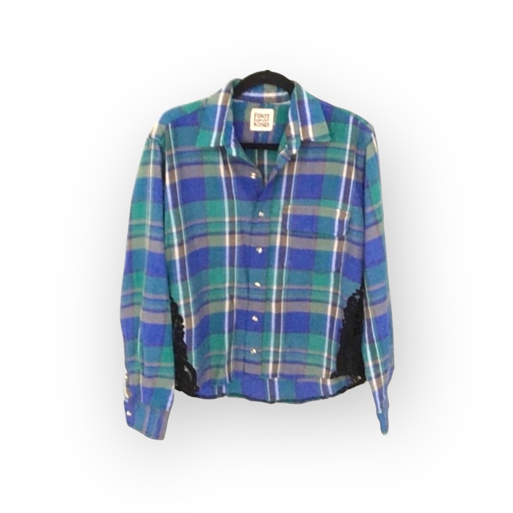 new LF Furst of a Kind  Lace Inset Flannel Shirt  Jacket Shacket  Green Plaid